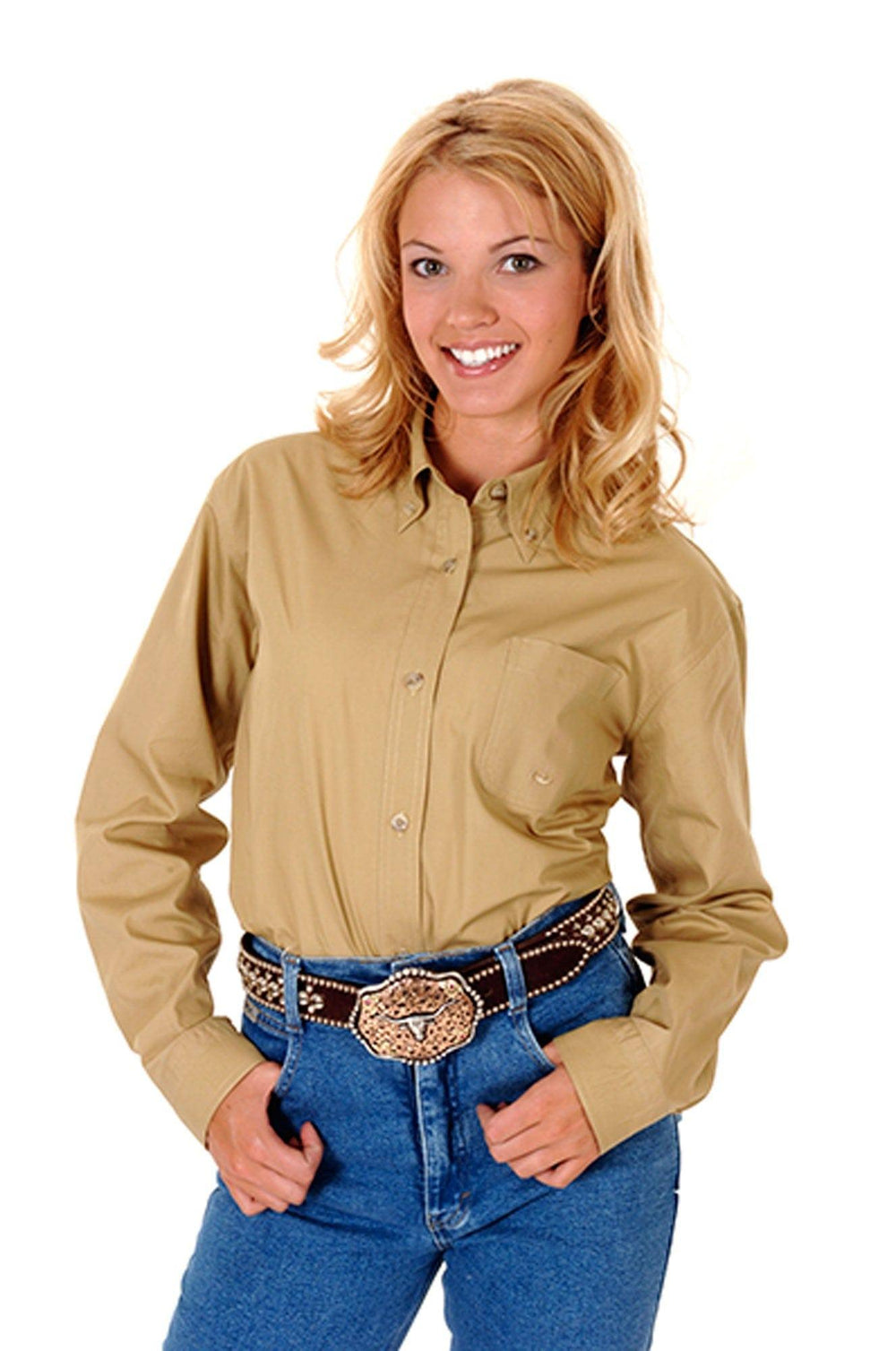 Roper Womens Solid Brown Poplin Long Sleeve Button Western Shirt - Roper