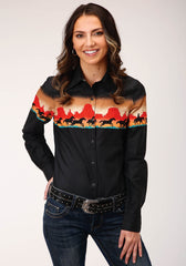 Roper Womens Long Sleeve Snap Red Mesa Border Scenic Western Shirt - Roper