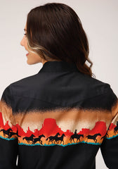 Roper Womens Long Sleeve Snap Red Mesa Border Scenic Western Shirt - Roper