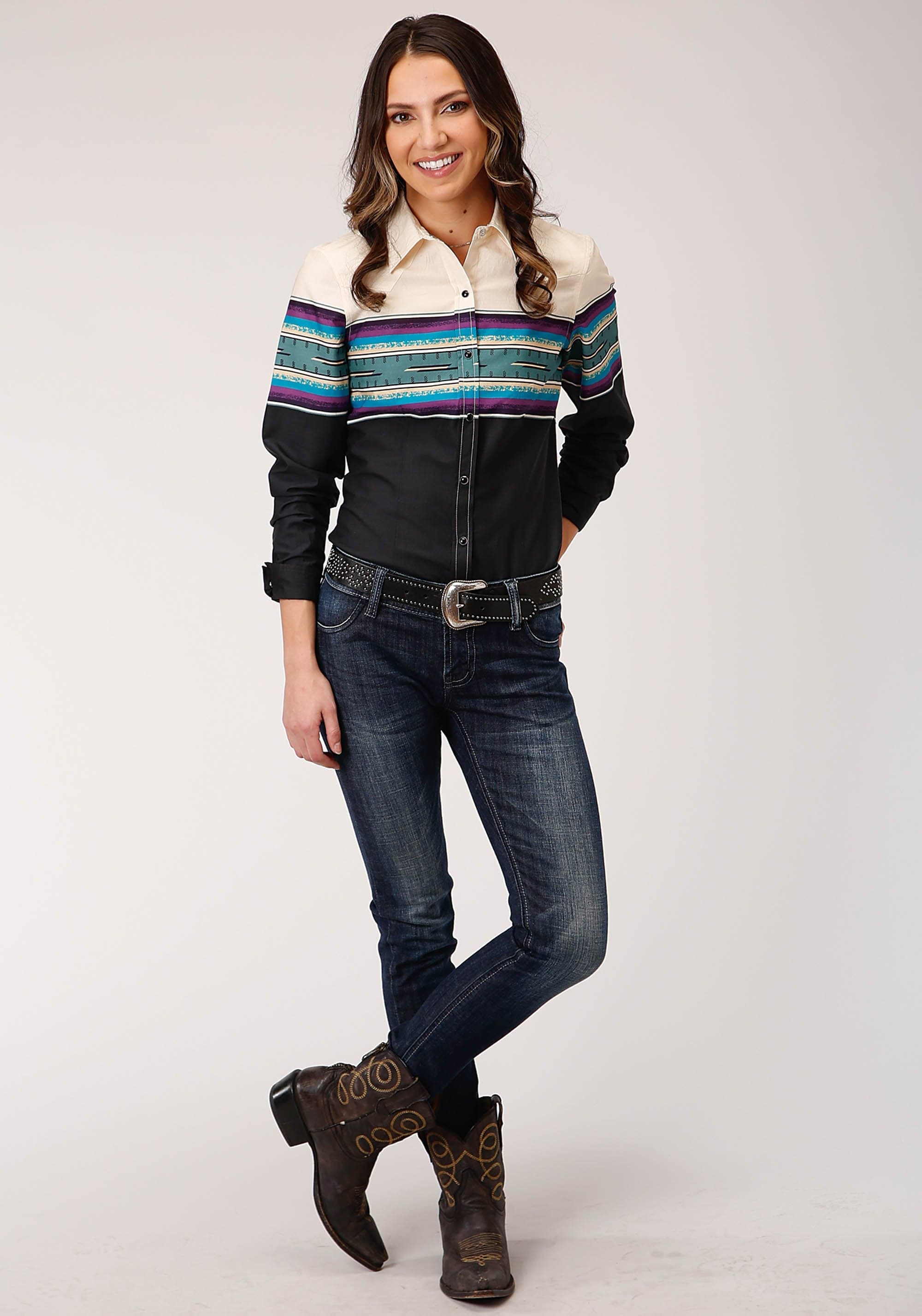 Roper Womens Long Sleeve Snap Greenline Serape Border Western Shirt - Roper