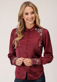 Roper Womens Long Sleeve Wine Poly Satin Btn Frt Blouse - Roper