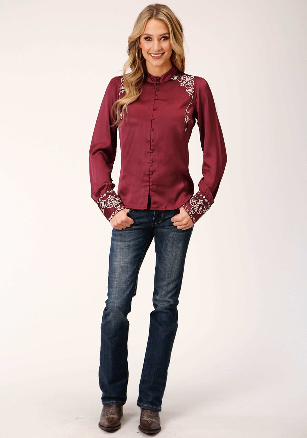 Roper Womens Long Sleeve Wine Poly Satin Btn Frt Blouse - Roper - Flyclothing LLC