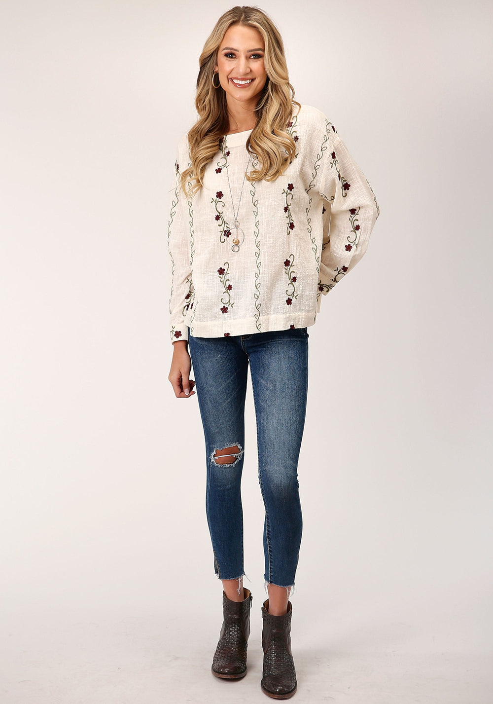 Roper Womens Long Sleeve Cotton Slub Boat Neck Blouse - Roper