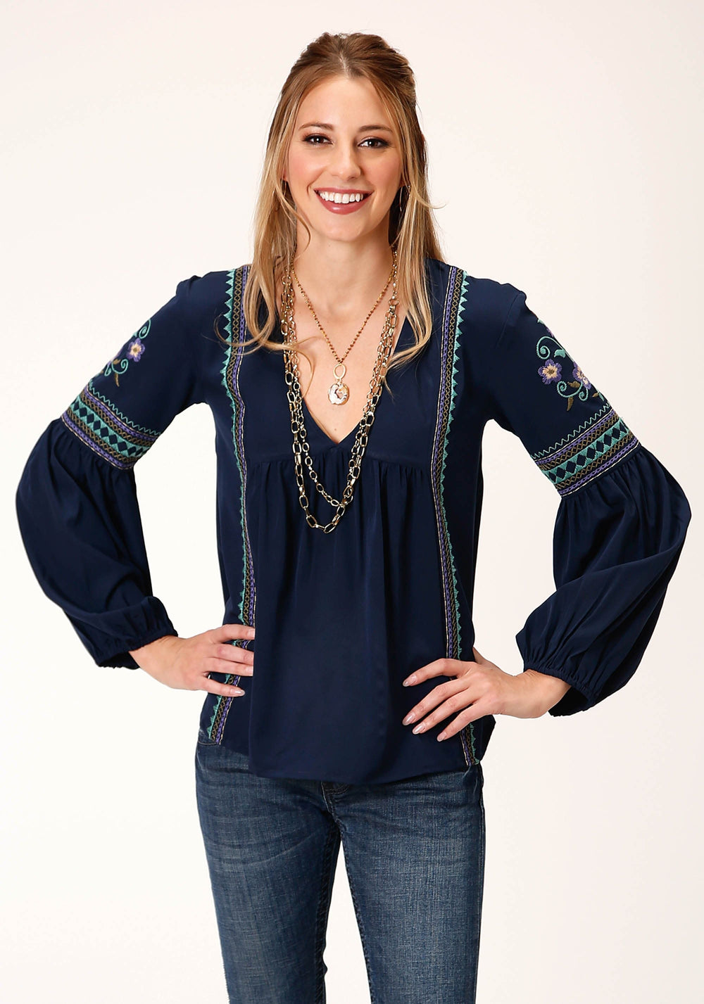 Roper Womens Long Sleeve Poly Crepe V Neck Peasant Blouse - Roper