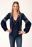 Roper Womens Long Sleeve Poly Crepe V Neck Peasant Blouse - Roper
