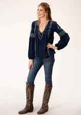 Roper Womens Long Sleeve Poly Crepe V Neck Peasant Blouse - Roper - Flyclothing LLC