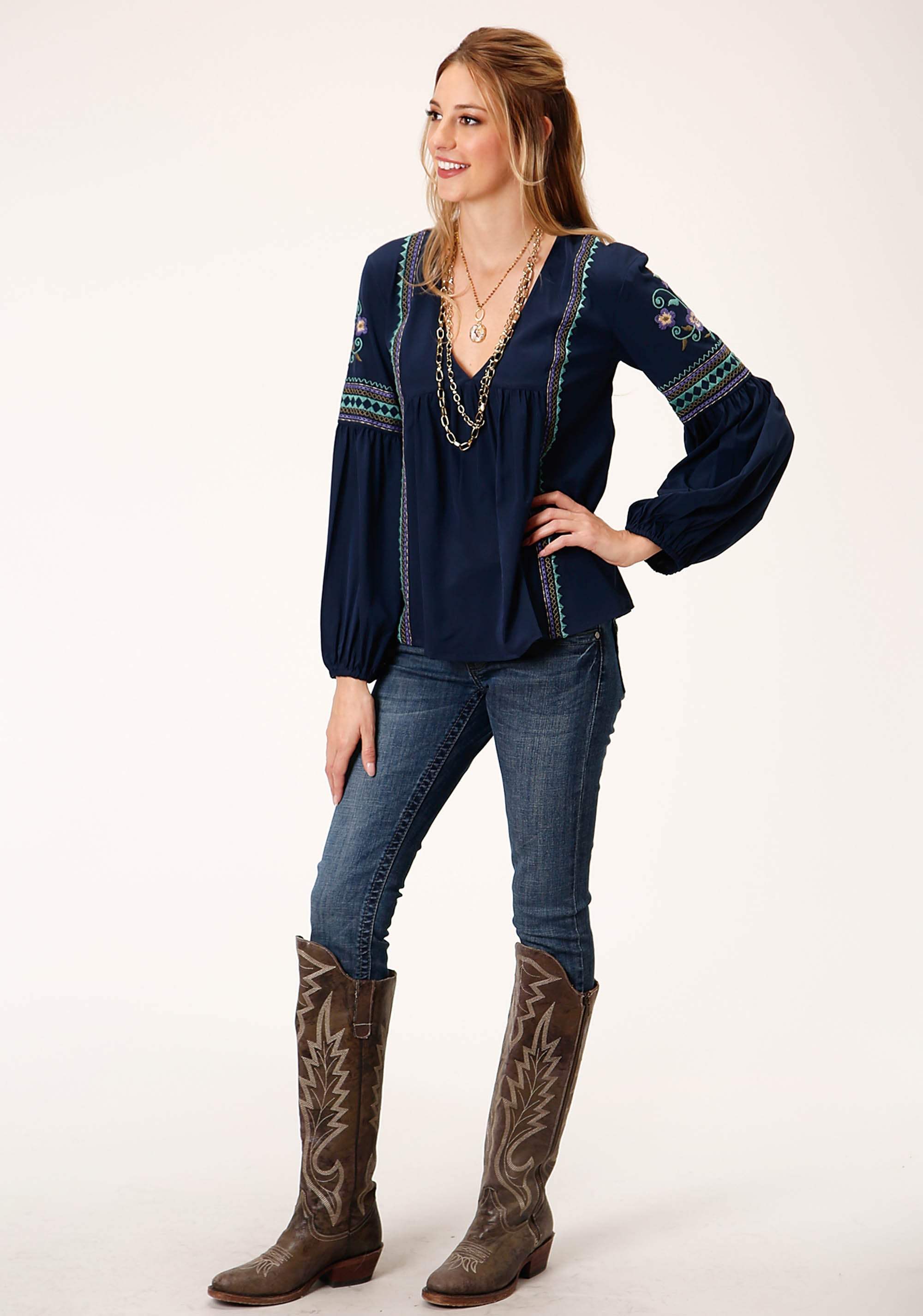 Roper Womens Long Sleeve Poly Crepe V Neck Peasant Blouse - Roper - Flyclothing LLC