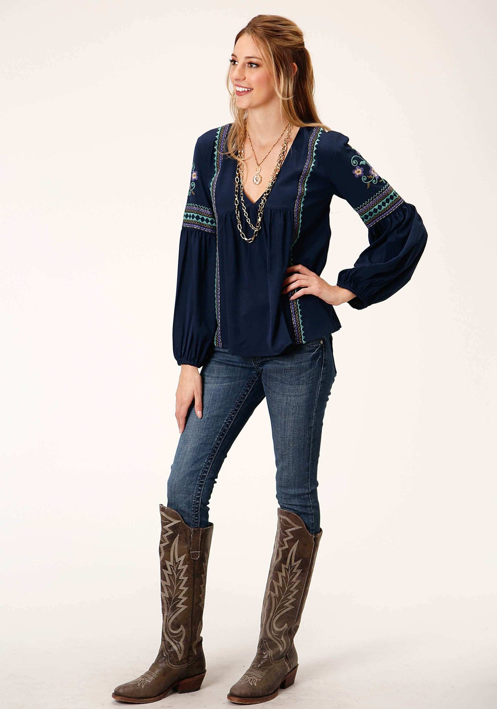 Roper Womens Long Sleeve Poly Crepe V Neck Peasant Blouse - Roper - Flyclothing LLC