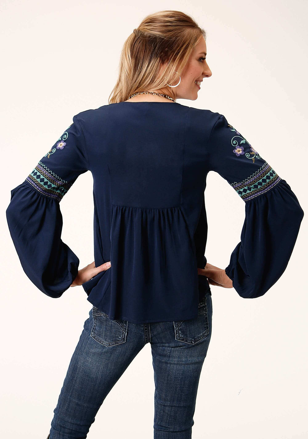 Roper Womens Long Sleeve Poly Crepe V Neck Peasant Blouse - Roper - Flyclothing LLC