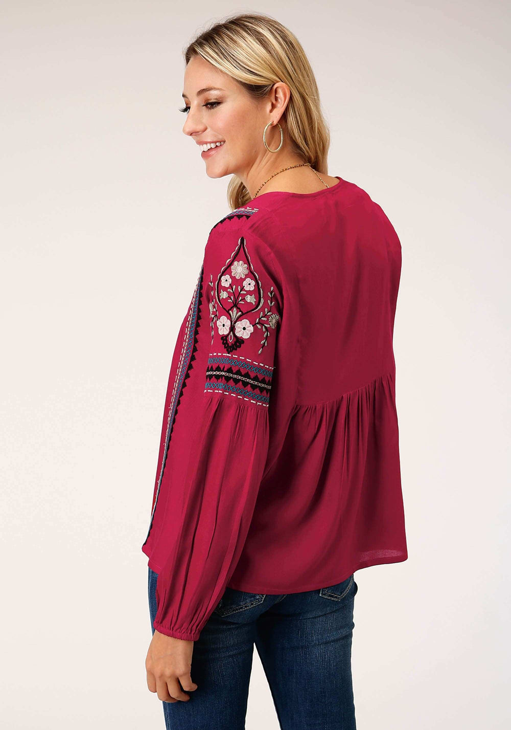 Roper Womens Long Sleeve Raspberry Solid Rayon Challis Blouse - Roper - Flyclothing LLC