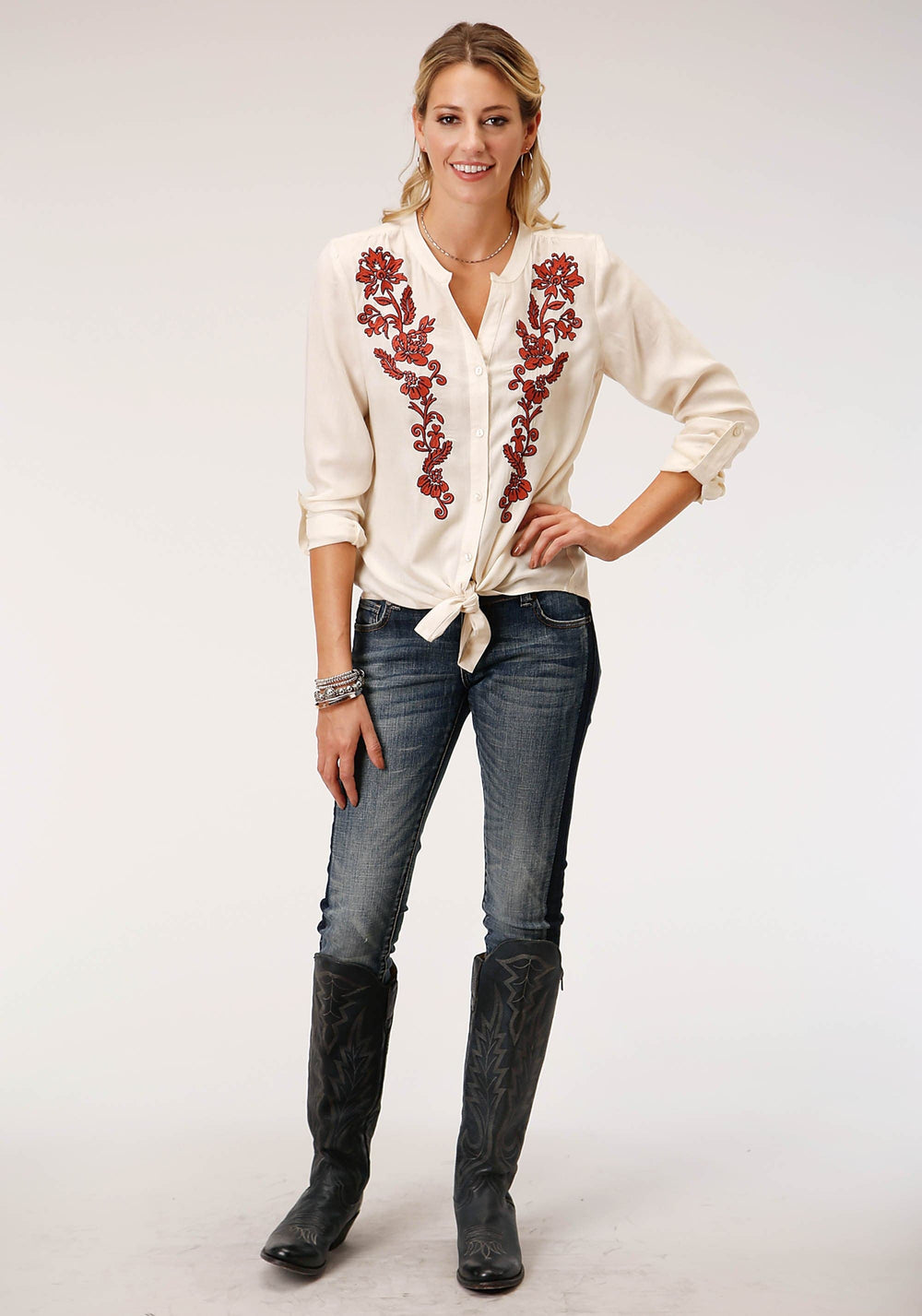 Roper Womens Long Sleeve Cream Solid Rayon Challis Blouse - Roper