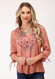 Roper Womens Long Sleeve Dk Coral Solid Rayon Peasant Blouse - Roper