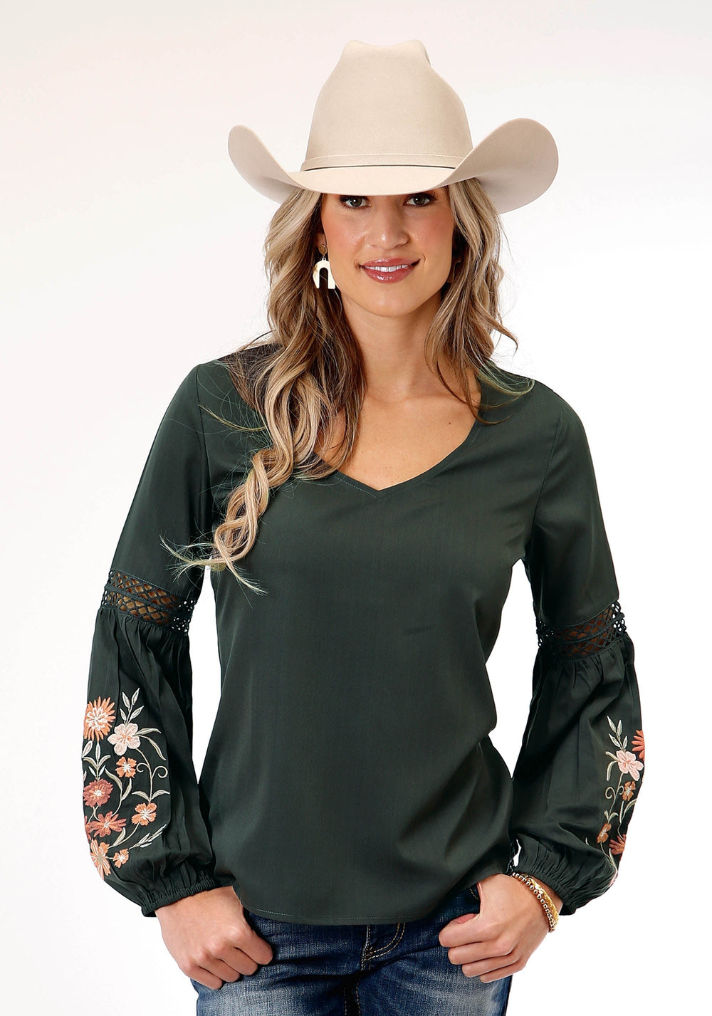 Roper Womens Long Sleeve Charcoal Grey Poly Crepe Blouse - Roper