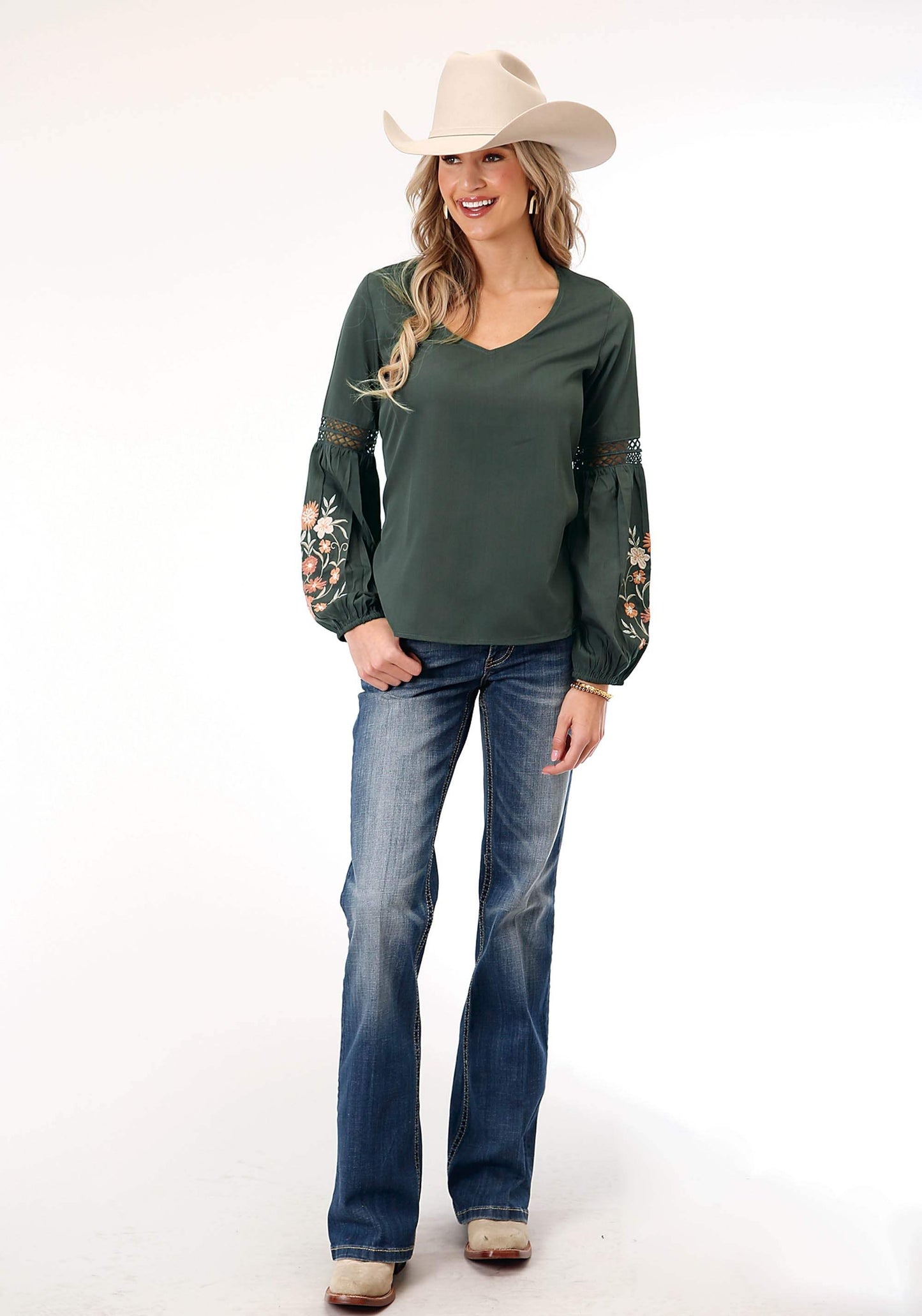 Roper Womens Long Sleeve Charcoal Grey Poly Crepe Blouse - Roper - Flyclothing LLC