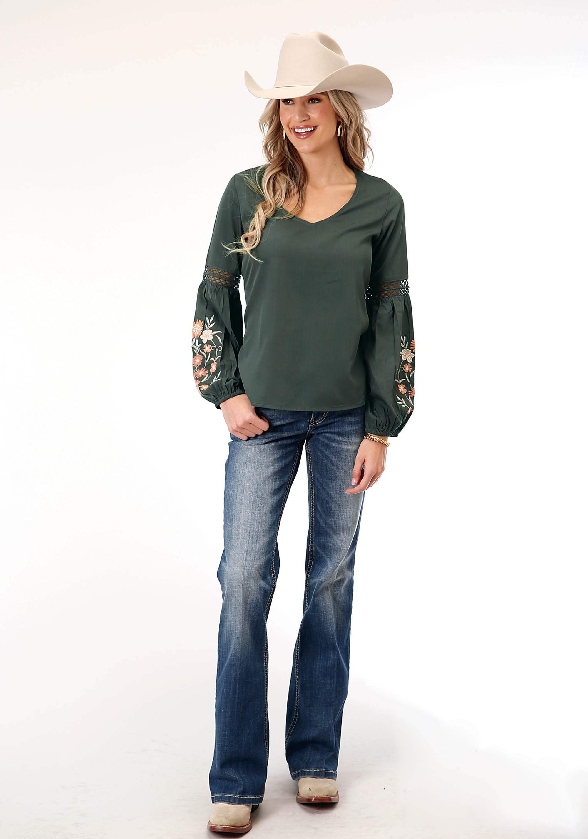 Roper Womens Long Sleeve Charcoal Grey Poly Crepe Blouse - Roper - Flyclothing LLC