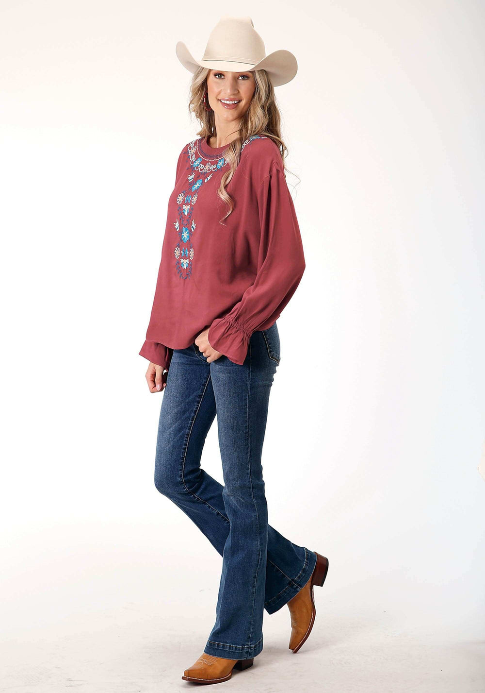 Roper Womens Long Sleeve Barn Red Solid Rayon Blouse - Roper - Flyclothing LLC