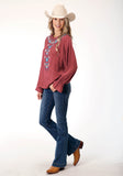 Roper Womens Long Sleeve Barn Red Solid Rayon Blouse - Roper
