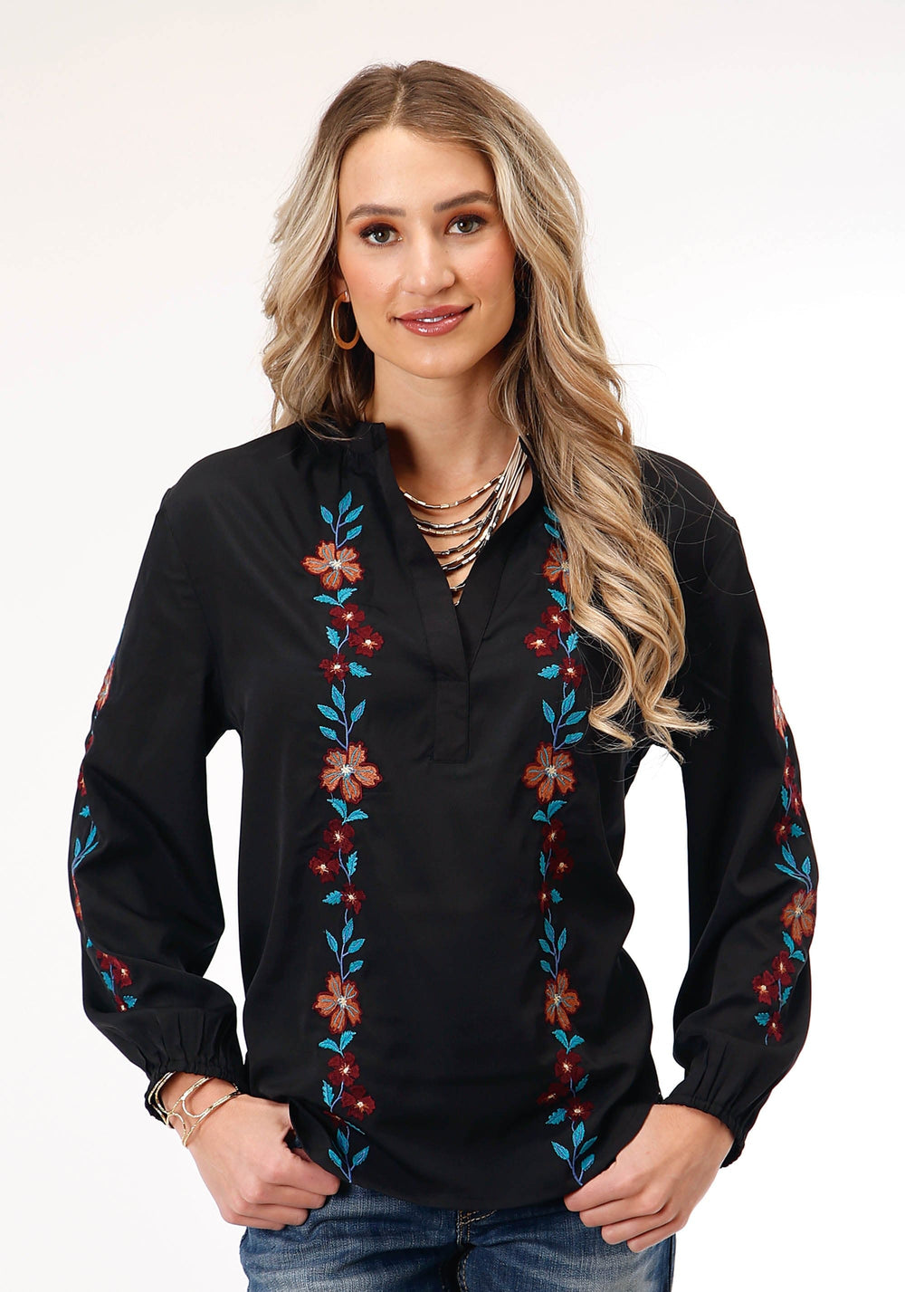 Roper Womens Long Sleeve Black Poly Vneck Peasant Blouse - Roper