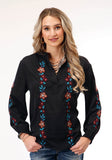 Roper Womens Long Sleeve Black Poly Vneck Peasant Blouse - Roper