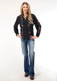 Roper Womens Long Sleeve Black Poly Vneck Peasant Blouse - Roper