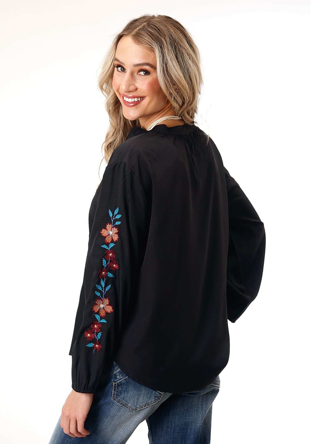 Roper Womens Long Sleeve Black Poly Vneck Peasant Blouse - Roper - Flyclothing LLC