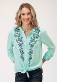 Roper Womens Long Sleeve Solid Aqua Rayon Blouse - Roper