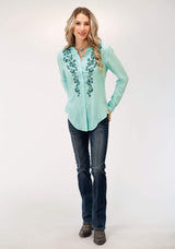 Roper Womens Long Sleeve Solid Aqua Rayon Blouse - Roper - Flyclothing LLC