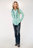 Roper Womens Long Sleeve Solid Aqua Rayon Blouse - Roper