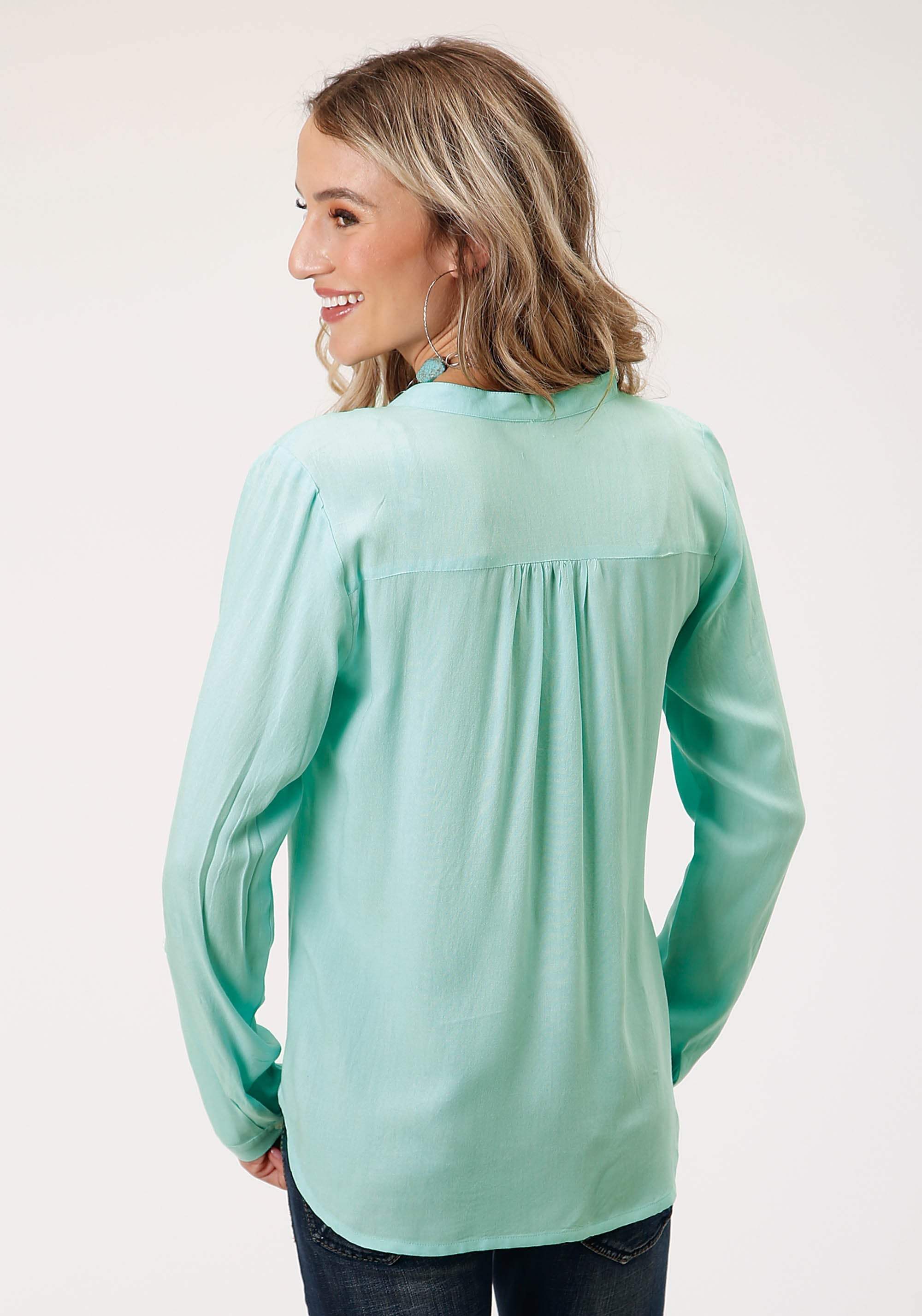 Roper Womens Long Sleeve Solid Aqua Rayon Blouse - Roper - Flyclothing LLC