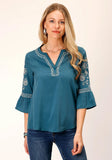 Roper Womens Long Sleeve Solid Teal Poly Peasant Blouse - Roper