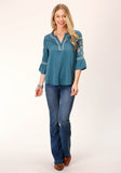 Roper Womens Long Sleeve Solid Teal Poly Peasant Blouse - Roper