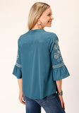 Roper Womens Long Sleeve Solid Teal Poly Peasant Blouse - Roper