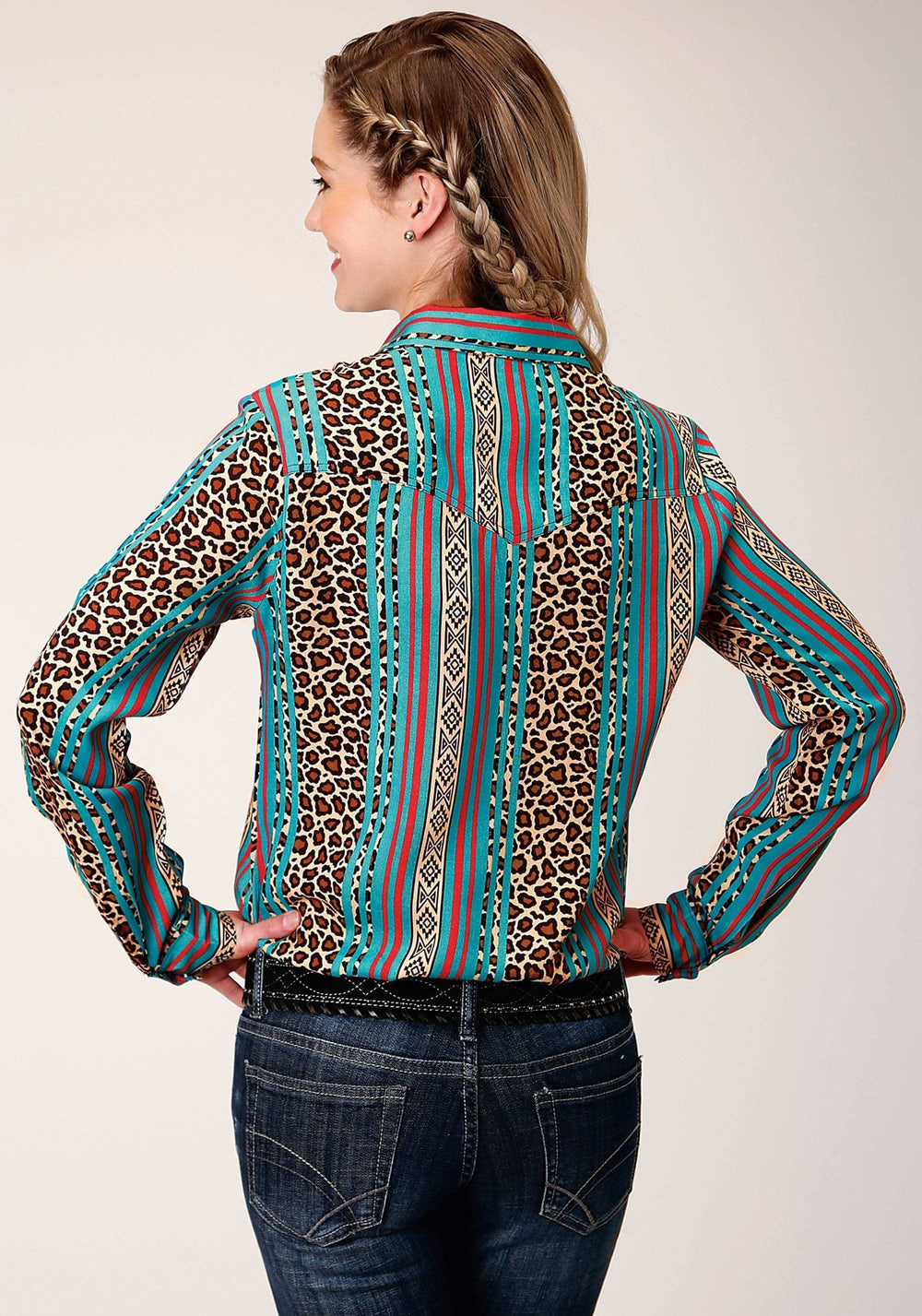 Roper Womens Long Sleeve Snap Leopard Stripe Print Rayon Western Shirt - Roper - Flyclothing LLC