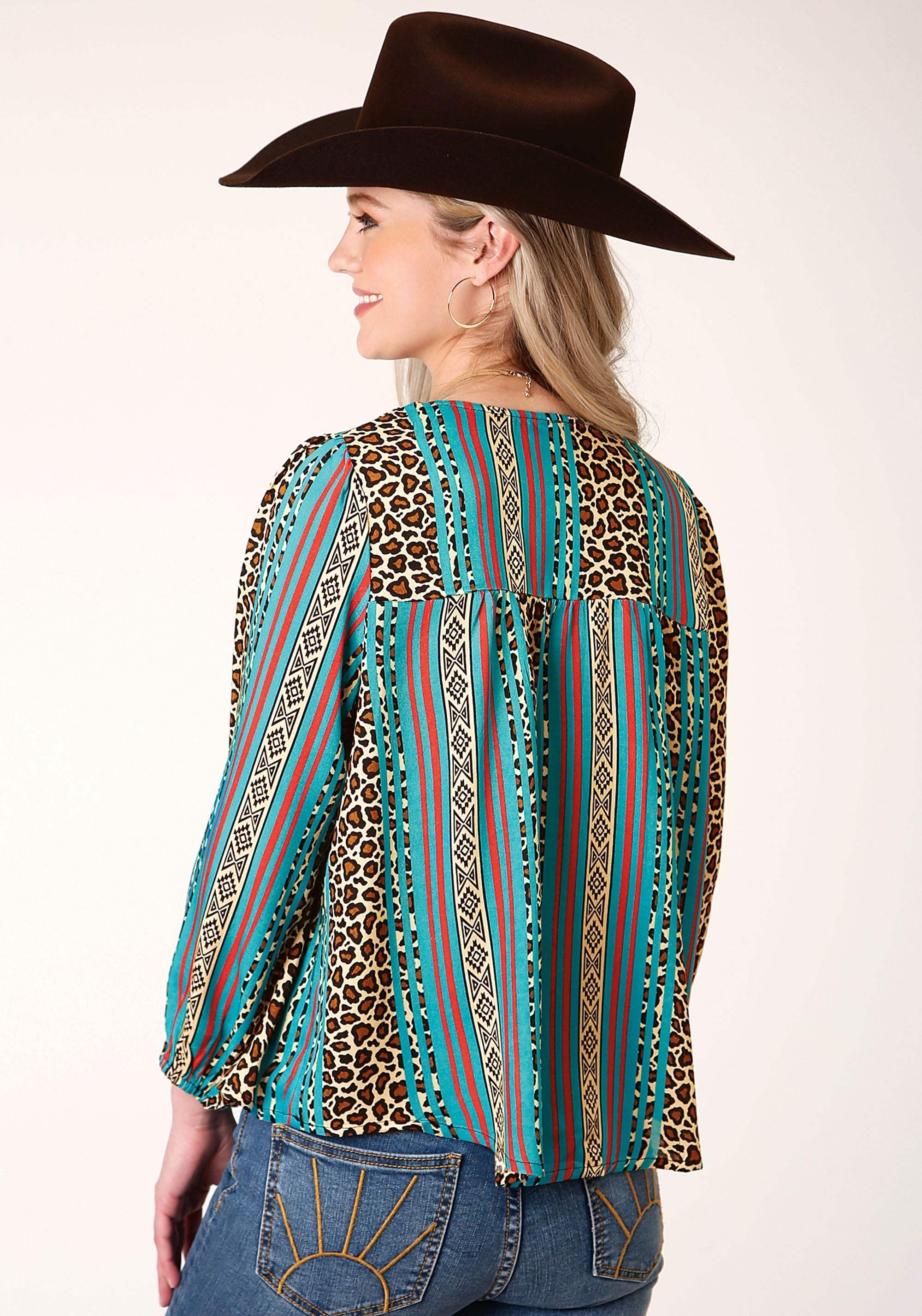Roper Womens Long Sleeve Leopard Stripe Print Rayon Blouse - Roper - Flyclothing LLC