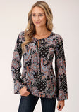 Roper Womens Long Sleeve Boho Paisley Print Poly Crepe Blouse - Roper