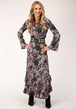 Roper Womens Long Sleeve Boho Paisley Print Poly Crepe Blouse - Roper