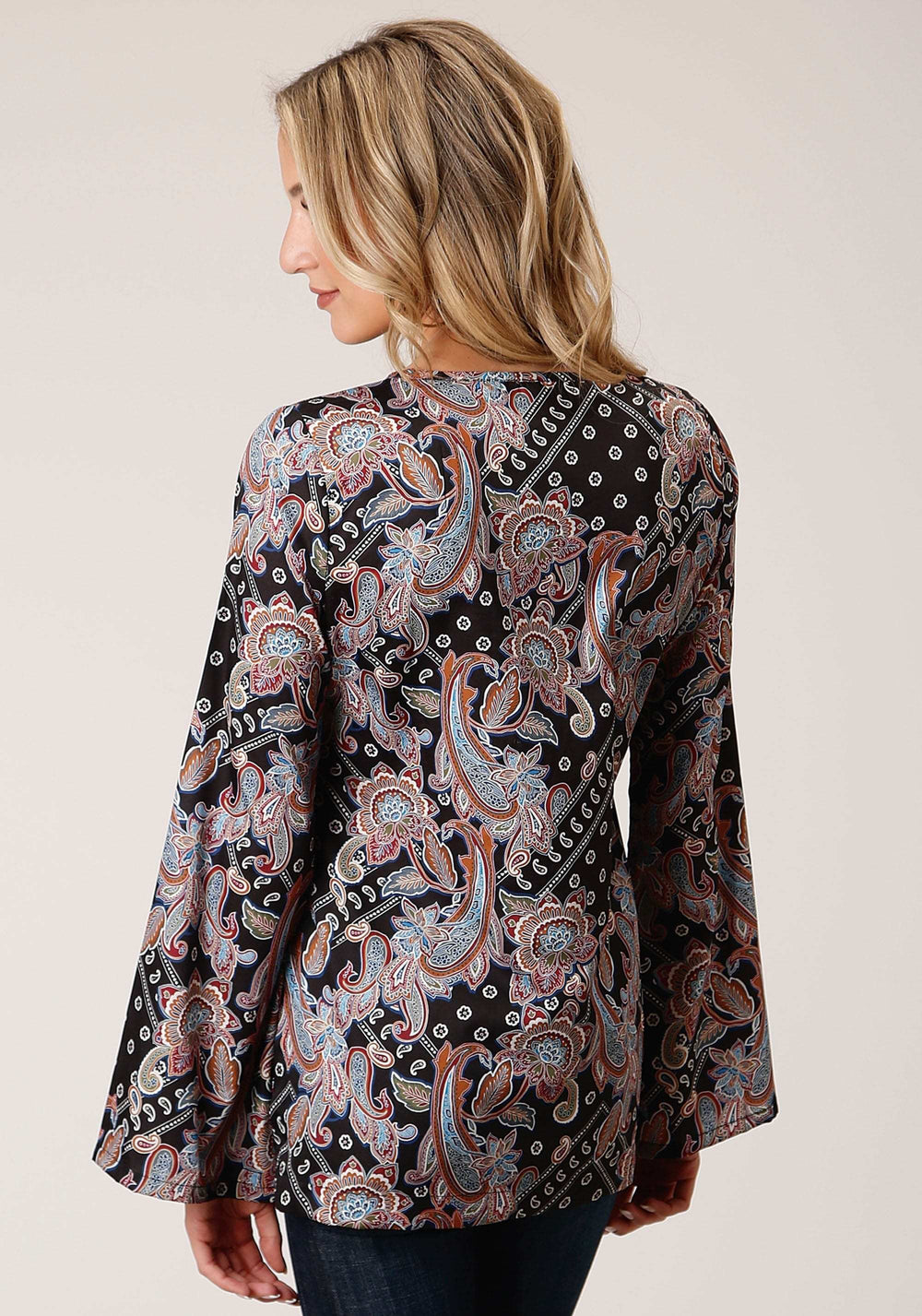 Roper Womens Long Sleeve Boho Paisley Print Poly Crepe Blouse - Roper - Flyclothing LLC