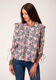 Roper Womens Long Sleeve Pink Paisley Print Vneck Top Blouse - Roper