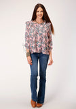 Roper Womens Long Sleeve Pink Paisley Print Vneck Top Blouse - Roper