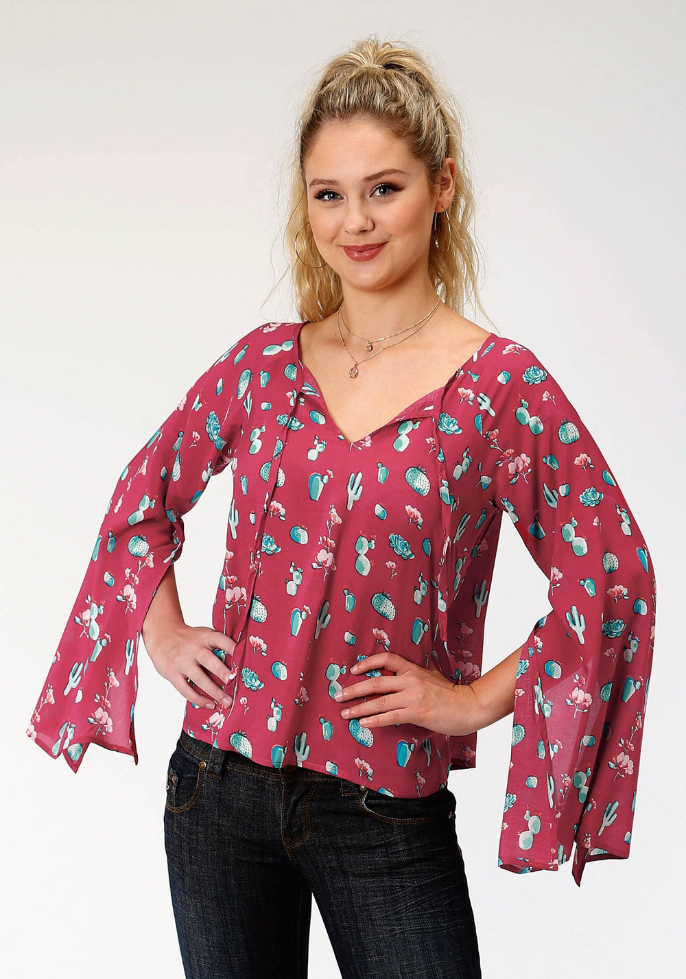 Roper Womens Red And Turquoise Cactus Print Long Sleeve Western Shirt - Roper