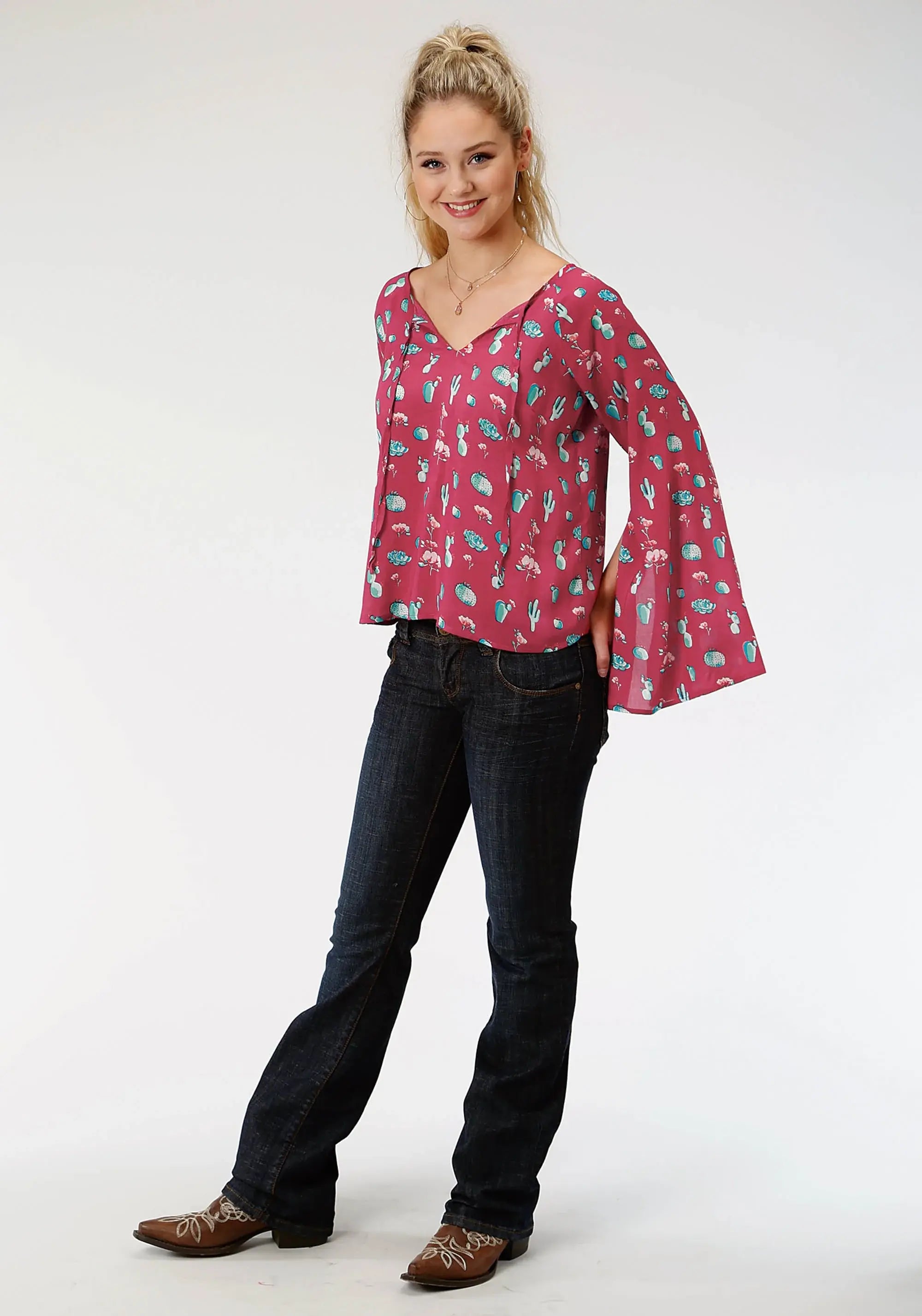Roper Womens Red And Turquoise Cactus Print Long Sleeve Western Shirt - Roper - Flyclothing LLC
