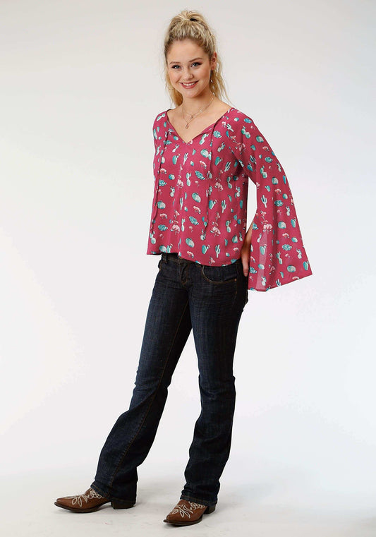 Roper Womens Red And Turquoise Cactus Print Long Sleeve Western Shirt - Roper - Flyclothing LLC