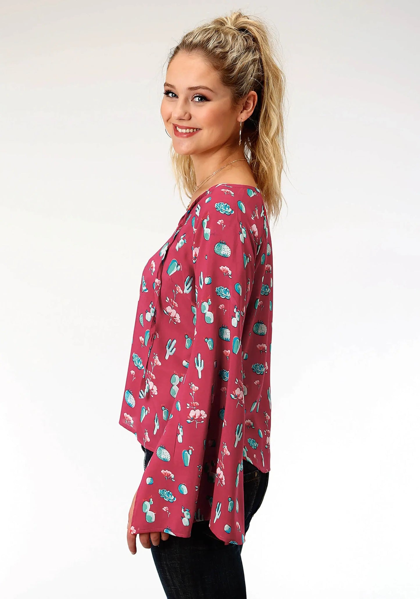 Roper Womens Red And Turquoise Cactus Print Long Sleeve Western Shirt - Roper - Flyclothing LLC
