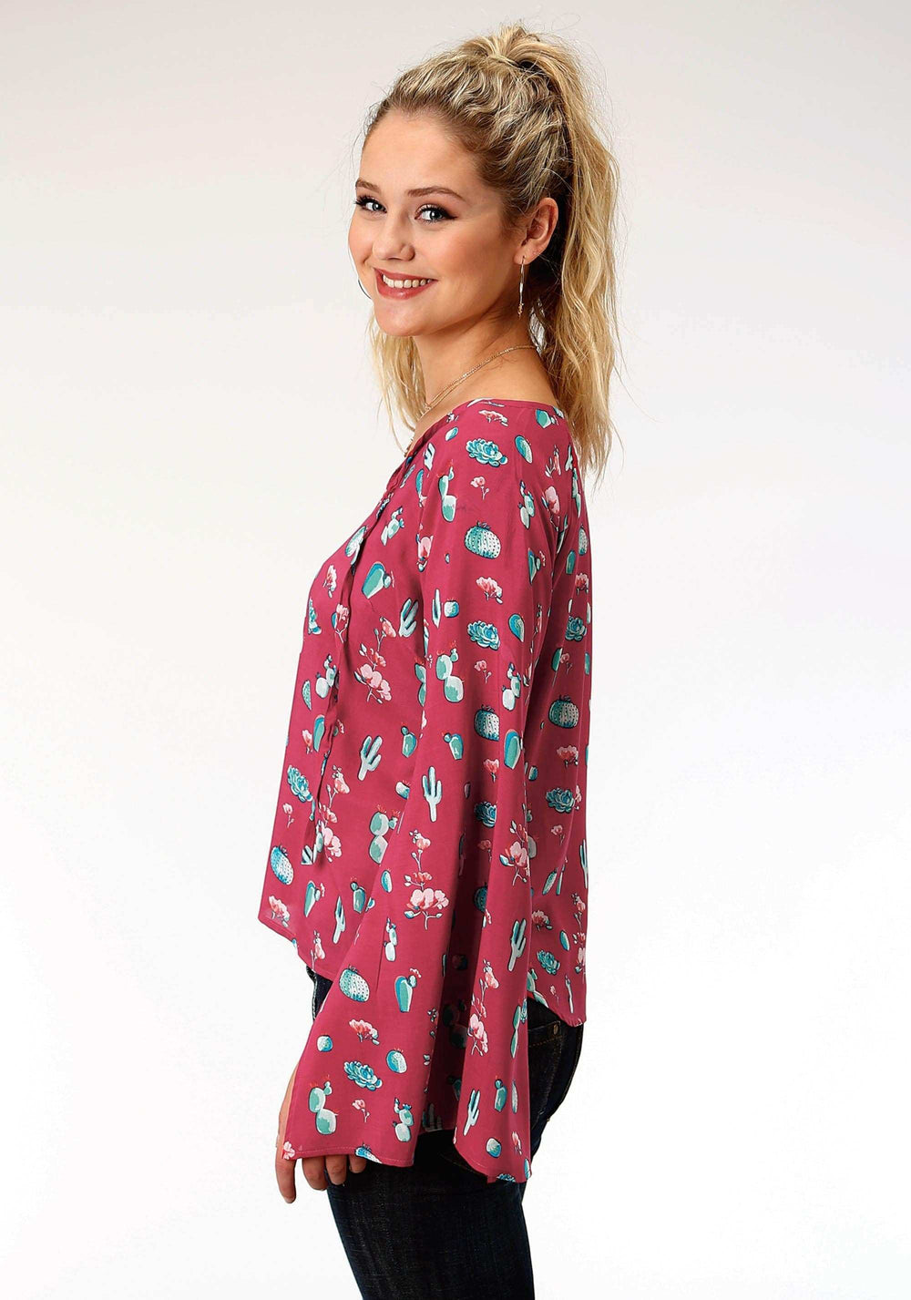 Roper Womens Red And Turquoise Cactus Print Long Sleeve Western Shirt - Roper - Flyclothing LLC