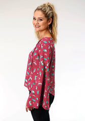 Roper Womens Red And Turquoise Cactus Print Long Sleeve Western Shirt