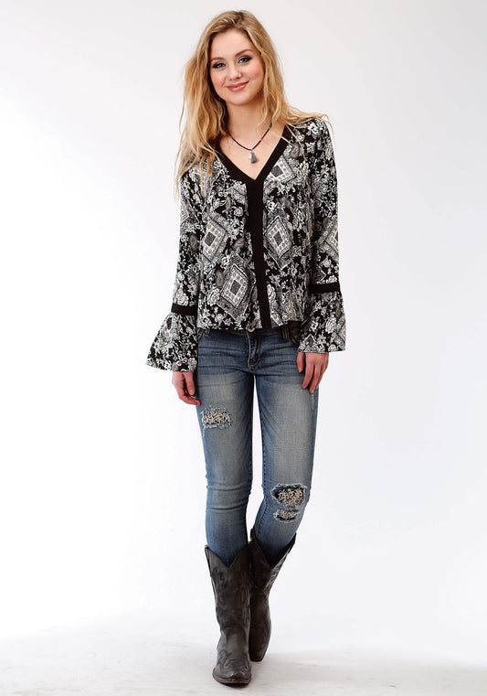 Roper Womens Black And White Diamond Floral Print Long Sleeve Western Shirt - Roper