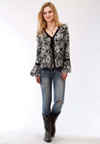 Roper Womens Black And White Diamond Floral Print Long Sleeve Western Shirt - Roper
