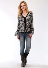Roper Womens Black And White Diamond Floral Print Long Sleeve Western Shirt - Roper