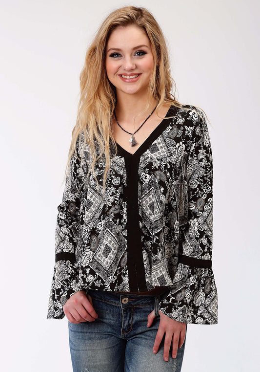 Roper Womens Black And White Diamond Floral Print Long Sleeve Western Shirt - Roper
