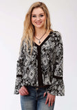 Roper Womens Black And White Diamond Floral Print Long Sleeve Western Shirt - Roper
